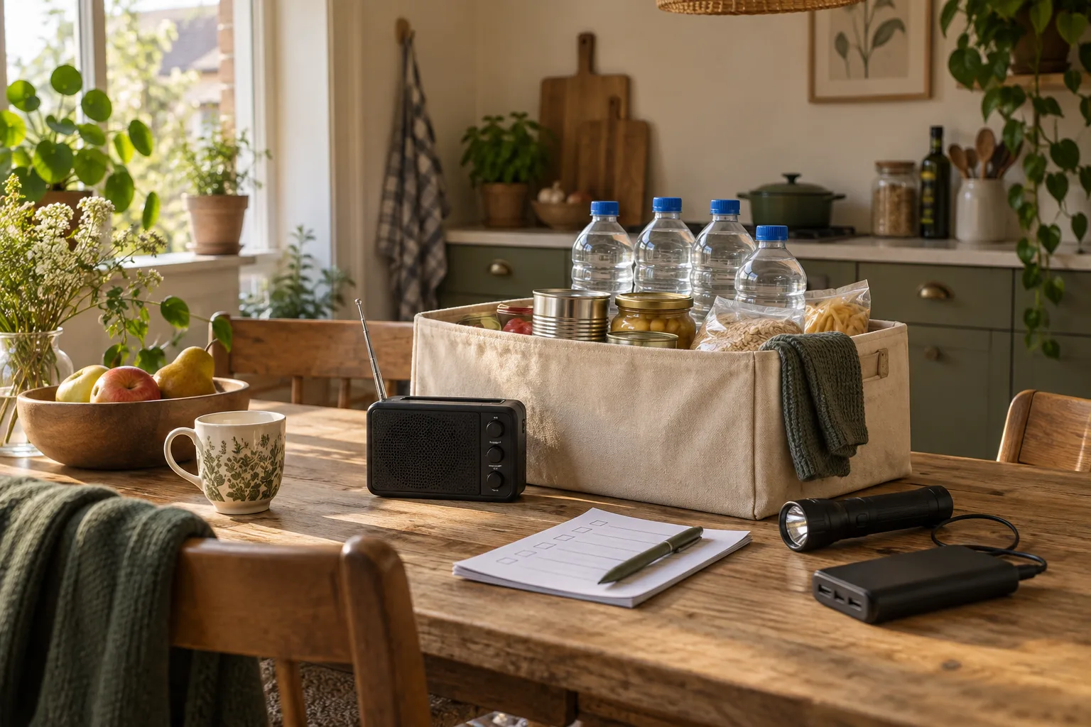 Sfeerbeeld van een krat met huishoudelijke noodvoorraad op een keukentafel