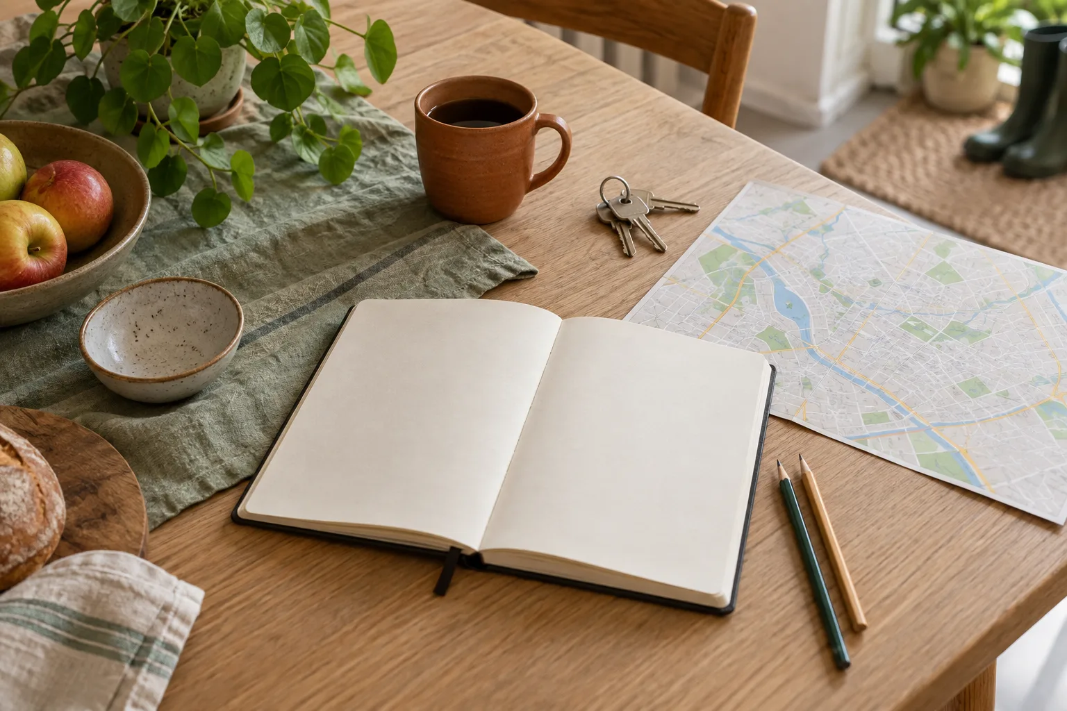 Sfeerbeeld van een notitieboek, huissleutels en plattegrond op tafel