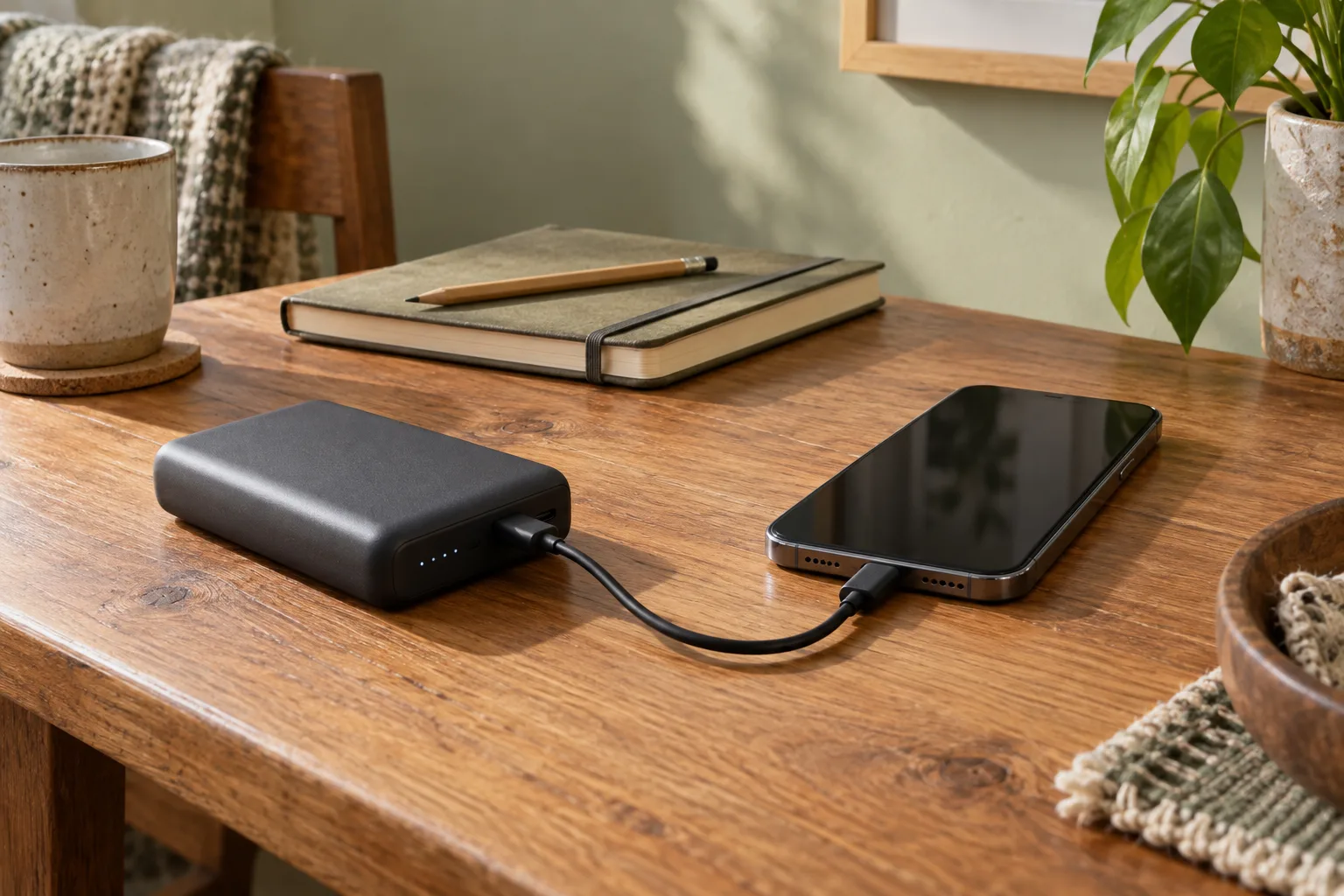 Sfeerbeeld van een powerbank met aangesloten telefoon op een houten tafel