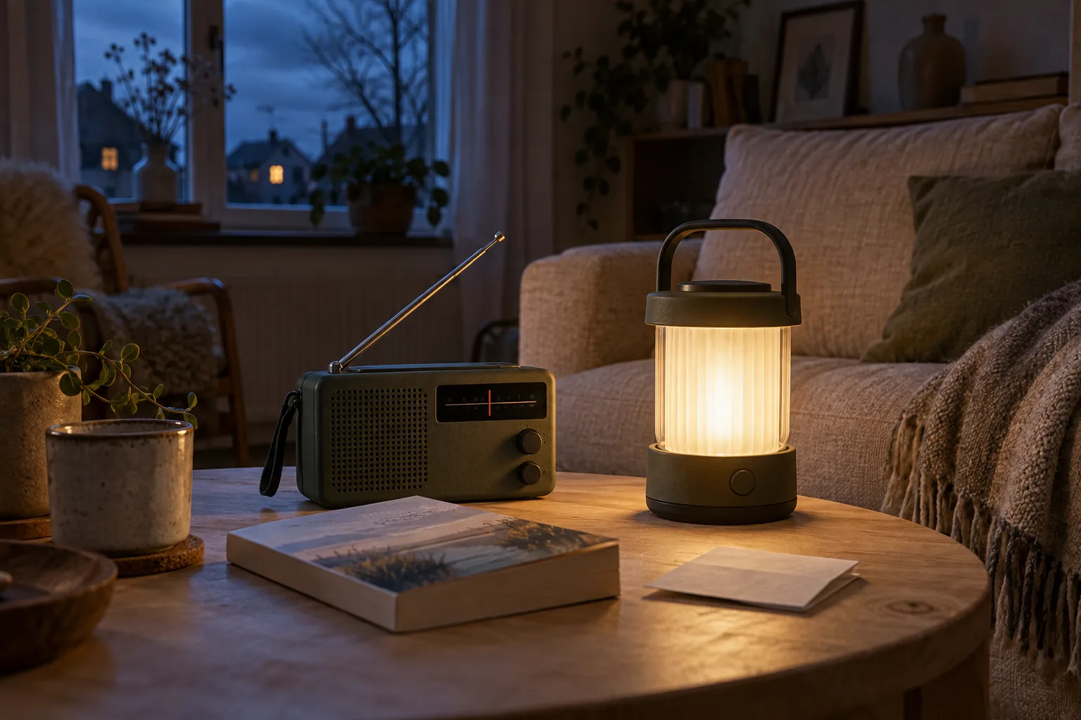 Sfeerbeeld van een radio en batterijlantaarn in een woonkamer
